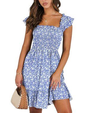 Women's Summer Sleeveless Square Neck Dress Blue White Smocked Ruffle Backless